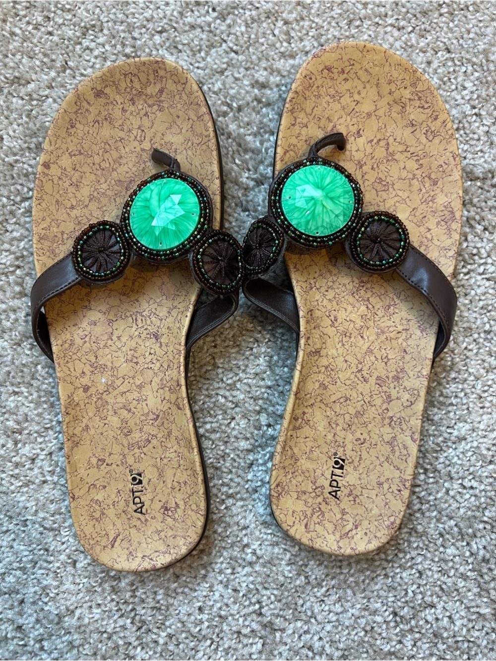 Y2K Boho Brown Beaded Flip Flop Sandals Vacation Earthy
